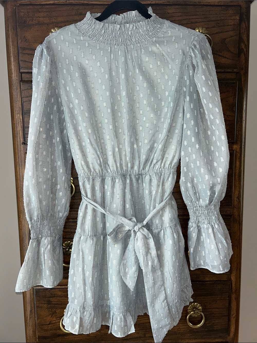 Love Riche Light Sage Green Swiss Dot Smocked Neck Tie Waist Dress, Size M